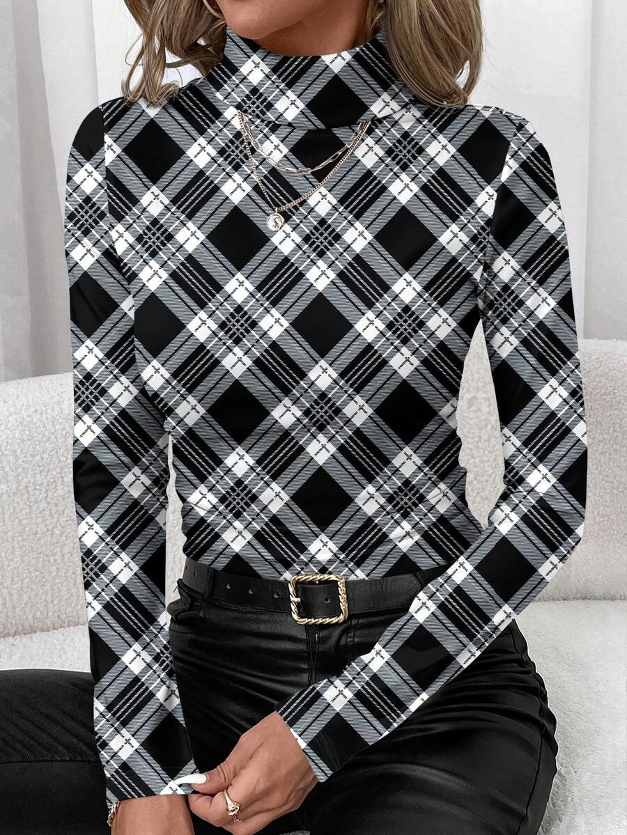 SHEIN Clasi 女士休闲简约黑色格子高领打底衫 - 彩色 - 查看 1