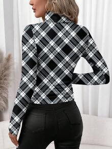 SHEIN Clasi 女士休闲简约黑色格子高领打底衫 - 彩色 - 查看 2