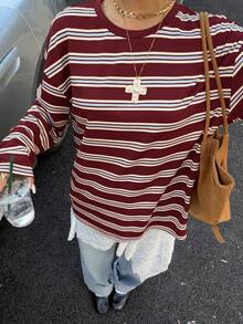 Muchica Áo thun nữ tay dài dáng rộng, vai rớt, phong cách thường ngày, họa tiết sọc tương phản, thích hợp cho đi làm, mùa Xuân/Thu. - Màu Đỏ Sâu - Xem 3