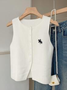 SHEIN EZwear Summer Old Money White Front Button Embroidered Round Neck Casual Knit Vest For Women - White - View 3
