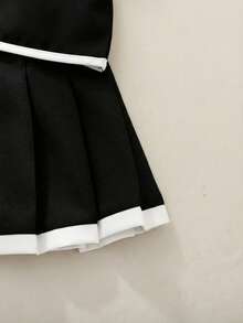 SHEIN 女婴可爱撞色短袖上衣和松紧腰百褶裙套装，夏季 - 黑色 - 查看 5