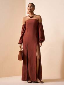 Zivah 2026春夏新品音乐节、复活节、圣帕特里克节、情人节、约会、西部风、游牧风、生日派对、毕业典礼、学院风、学生装、日常休闲、百搭基础款、休闲、度假、邮轮旅行、海滩、日光浴、爆款、街头风、婚礼宾客波西米亚风、通勤、早午餐、机场、派对、假日郊游、办公装、宽松无肩带长袖可拆卸两穿长款亚麻纹理棕色连衣裙 - 棕色 - 查看 5