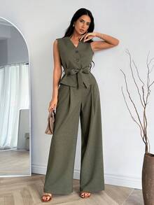 EURMUSE Ensemble deux pièces femme en lin de couleur unie, composé d'un gilet et d'un pantalon large - Kaki - Voir 3