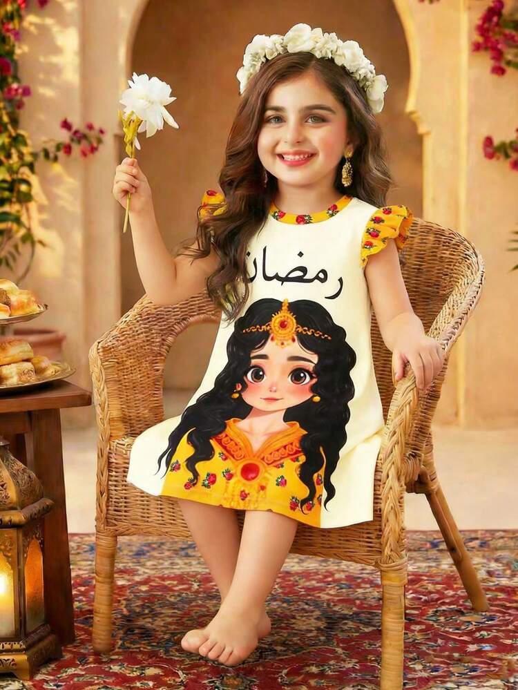 Young Girl' Flutter Sleeve Dress, Princess Pattern Print Color Block Patchwork Burgundy Rose Floral Princess Dress, Yellow Dress, Suitable For Outings And Festivals, Ramadan Kareen - Multicolor - View 4