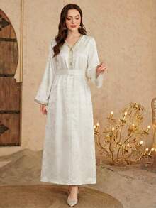 Al Najma Acetate Jacquard V-Neck Striped Ruffle Cinched Waist Turkish Maxi Dress For Women - Beige - View 6