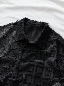 AXEPEAK Men's Casual Street Style Frayed Edge Button Front Short Sleeve Shirt, Summer - Black - View 4