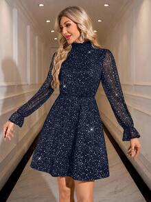 SHEIN Clasi 女士亮面立领长袖优雅派对连衣裙 - 藍色 - 查看 3