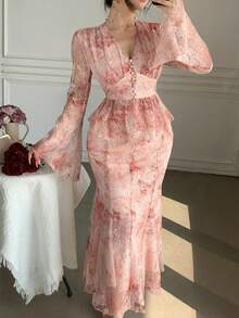 DAZY Damen elegantes 2-teiliges Set aus Blumenprint V-Ausschnitt Bluse mit Glockenärmeln und Rock, Frühling/Sommer - Pink - Übersicht 10