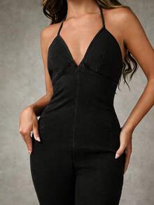 SHEIN BAE Women's Fashion Backless Halter Neck Denim Jumpsuit - Black - View 3