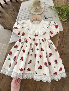 LMoss Kids LMoss Young Girl Ditsy Floral Ivory Casual Dress,Blue Butterfly,Summer,Traditional,Wedding,Round Neck Ruffle Hem Lace Trim Red Roses Tea Party Dress - Multicolor - View 4
