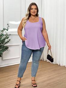 SHEIN CURVE+ 大码女式时尚宽松舒适无袖T恤背心 - 淡紫色 - 查看 7