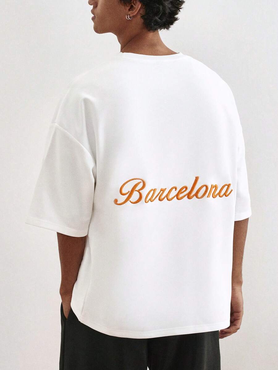 TOKVUE Men's Casual Letter Embroidery Round Neck Drop Shoulder T-Shirt, Summer Barcelona T-Shirt Spanish T-Shirt Mens Graphic T-Shirt - White - View 1