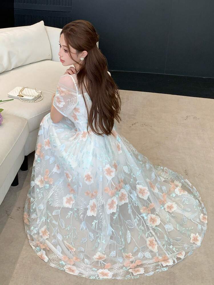 Women's Elegant Floral Patchwork Puff Sleeve Dress, Summer Maxi Dress Sundress