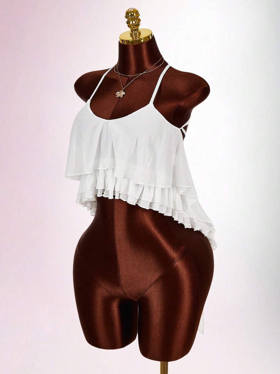 Amplova Y2K Women's Sexy Backless Tie Strap Asymmetrical Hem Camisole Tank Top, Suitable For Beach Vacation, Summer Summer Casual Women Outfits Summer Vacation Outfits  Spring Outfit Women Beach Outfit Mesh Bodycon Camisole With Sweetheart Neckline, Multi-Layered Ruffles, Irregular Hem, Sexy And Elegant Semi-Sheer Top Ruffle Top - White - View 1