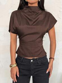 SHEIN PETITE Stylish Brown Plain Cropped Top For Women Casual Half Sleeve Batwing Design With Ruched Details Brown Pants For Women Coffee Brown Top Black Flare Pants Dark Brown Top Chocolate Brown Top - Brown - View 3