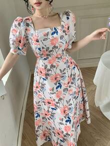 DAZY Women's Elegant Floral Print Square Neck Puff Sleeve Dress, Summer Wedding Guest Dress - Pink - View 10