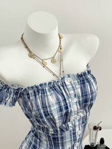 Elamini Women's Retro Off-Shoulder Spicy Plaid Button Waist Ruffle Hem Short Dress