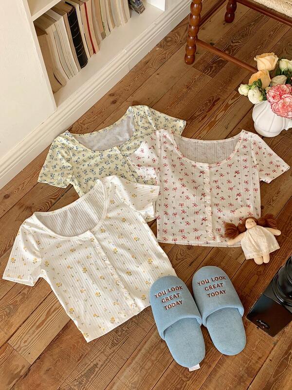 CovetEZ 3 Pcs Women's Ditsy Floral Round Neck Short Sleeve Button-Up Casual T-Shirt Bow Clothes Flower Tops Cute Short Sleeve Tops Cottagecore Clothes Summer Tops Cute