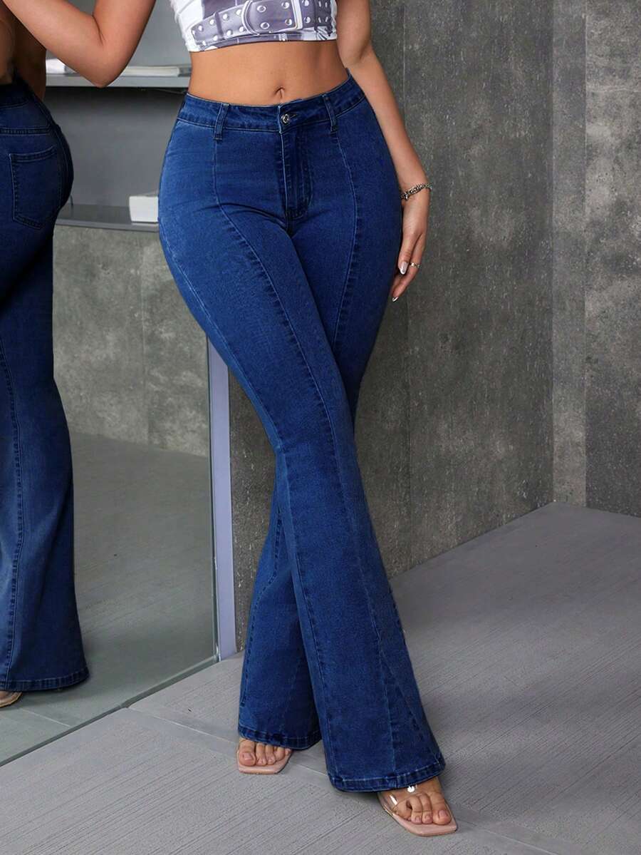 SHEIN Tall 女士休闲百搭水洗修身喇叭牛仔裤 - 深色水洗藍 - 查看 1