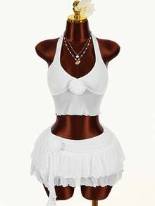 Amplova 2026早春新款露脐流苏白玫瑰衬衫和低腰A字裙女士两件套 - 白色 - 查看 9