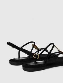 Maija 女士休闲条纹不对称纹理装饰平底休闲度假凉鞋 - 黑色 - 查看 3