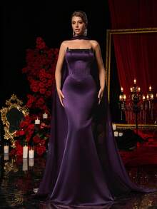 Glamrae Vintage Eggplant Purple Formal Evening Gown,Handmade Tassel Fish Bone Design Mermaid Hem Mesh Dress,Business Formal Guest Dress For Women - Purple - View 1