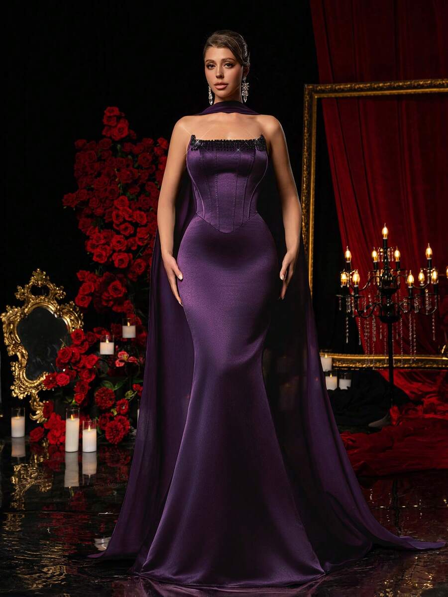 Glamrae Vintage Eggplant Purple Formal Evening Gown,Handmade Tassel Fish Bone Design Mermaid Hem Mesh Dress,Business Formal Guest Dress For Women - Purple - View 1