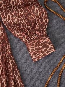 Franclia Women's Leopard Print Loose Fit Gathered Neck Long Sleeve Dress - Brown - View 3