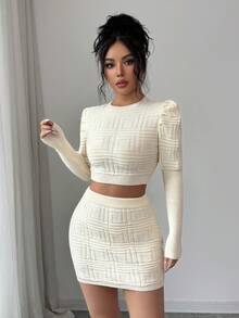 SHEIN Elenzya Women's Elegant Fitted Spiral Texture Long Sleeve Top And Bodycon Skirt 2 Pieces Knit Set, Spring/Summer - Apricot - View 6