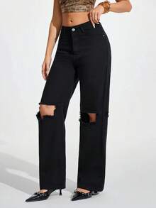 SHEIN Unity Women's Distressed Solid Color Casual Jeans Black Ripped Jeans Ripped Baggy Jeans Cut Out Pants Oversized Jeans - Black - View 4