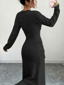 Selianne Plus Size Women Elegant Floral Pattern Waist Cinched Sweater Dress, Versatile For Autumn/Winter - Black - View 2