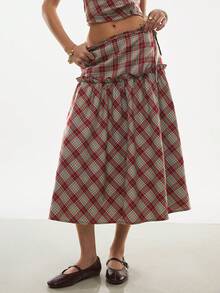 Poéselle Chân váy nữ kẻ caro đỏ dáng suông, chân váy midi dáng chữ A cạp thấp kẻ caro kiểu retro, cạp cao, kiểu dáng vintage thanh lịch, chân váy phong cách Y2K, chân váy mùa hè, chân váy midi kẻ sọc, chân váy dáng chữ A cạp cao, kiểu dáng vintage thoải mái, chân váy thanh lịch lấy cảm hứng từ Pháp. - Đỏ - Xem 8