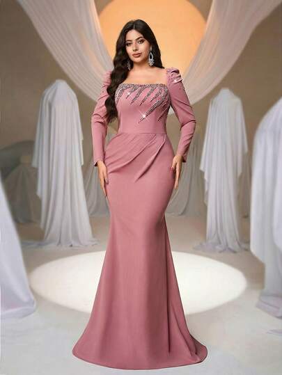 Glamrae Plus Size Elegant Romantic Purple U-Neck Luxury Pearl & Rhinestone Decor Bubble Sleeve Ruched Waist High Slit Mermaid Hem Bodycon Dress, Suitable For Wedding, Party, Formal Events, Gala Dinner (Heavily Embellished Design)