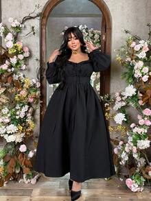 Lyrianda 大码爱心印花长泡泡袖方领中长连衣裙，春夏款 + 端庄 - 黑色 - 查看 4