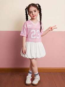 SHEIN 女童字母数字图案V领宽松休闲短款T恤