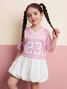 SHEIN 女童字母数字图案V领宽松休闲短款T恤