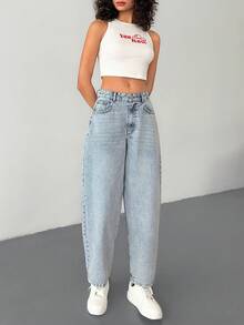 Women's Pocketed Embroidered Casual Loose Fit Flared Jeans - Light Wash - View 3