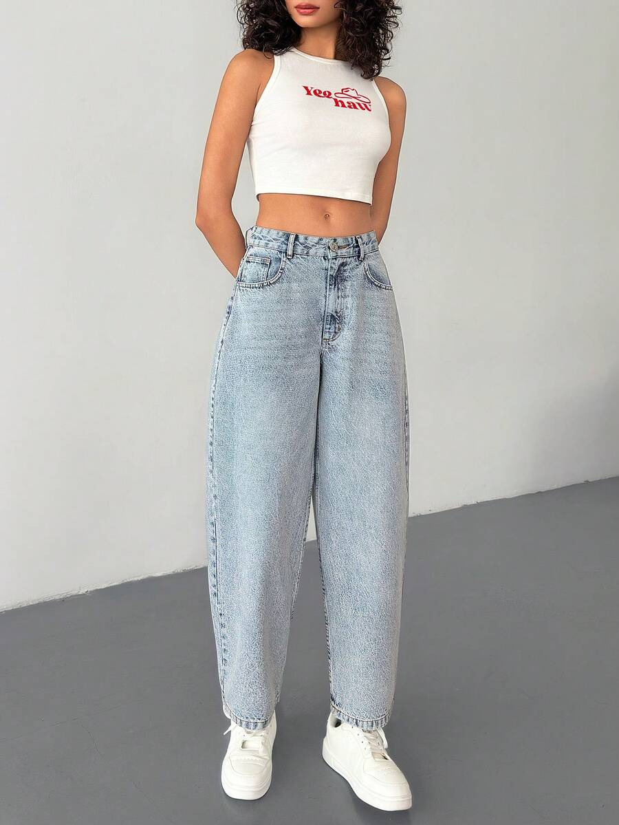 EURMUSE Women's Pocketed Embroidered Casual Loose Fit Flared Jeans - Light Wash - View 1