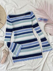 SHEIN Teen Girls Blue & White Striped V-Neck Hollow Out Beach Cover Up, Versatile Holiday Essential