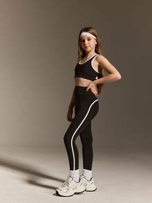 Tween Girls Activewear Set, 4-Way Stretch High Elasticity Snug Fit Vest And Pants, Suitable For Cycling, Running, Training - Black - View 2