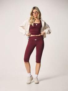 Missguided x Playboy High Rise Folded Waistband Capri Leggings With Side Tie Detail Cropped Length Fitted Athletic Style Burgundy Wine - Burgundy - View 4