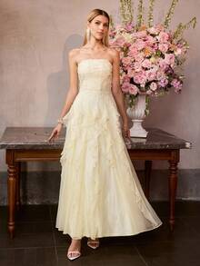 MOTF Soiréza WOMEN'S SPRING LACE ROMANTIC RUFFLE HEM STRAPLESS COCKTAIL PARTY DRESS - Yellow - View 8