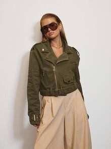 Aralina 冬夏两季短款牛仔机车夹克，饰有金色滚边细节 - 軍綠色 - 查看 9