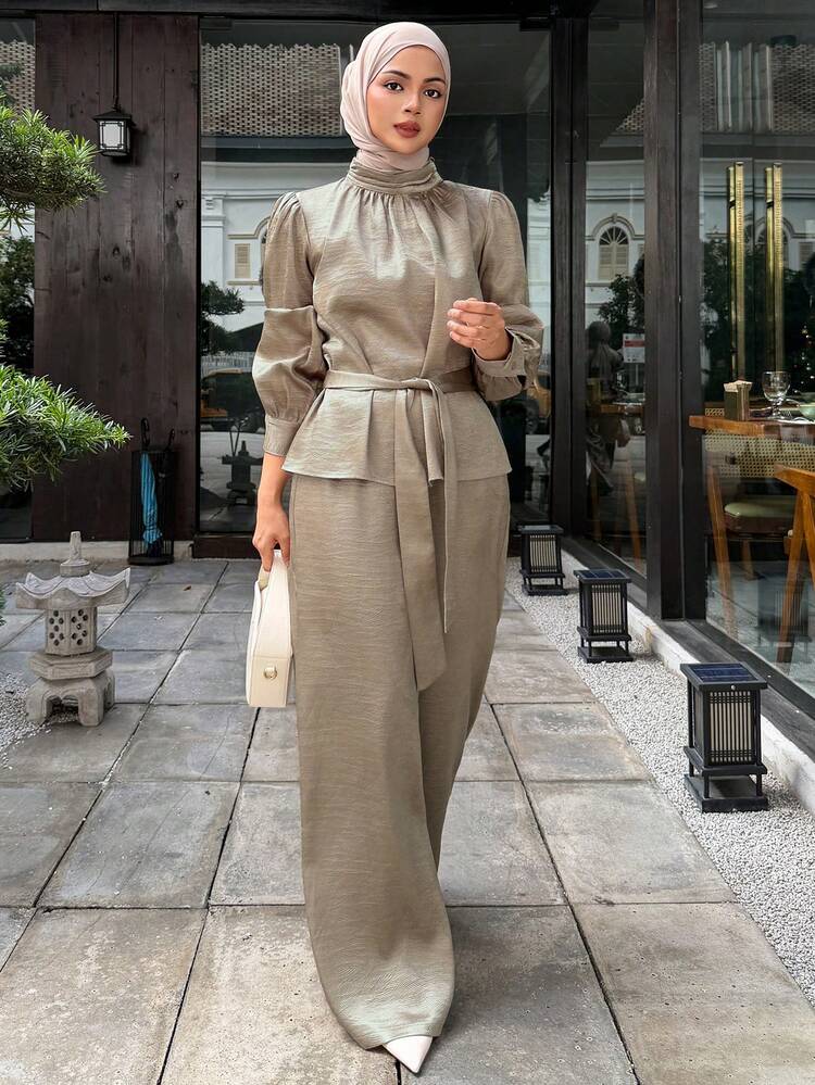 Women's Elegant Solid Color Collared Belted Shirt And Wide Leg Pants 2 Pieces Set, Spring/Summer