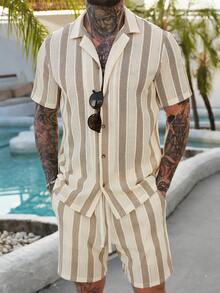 VENTUSAIL 男士卡其色提花条纹休闲度假短袖衬衫和短裤套装 - 卡其色 - 查看 7