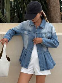 DAZY Women's Collared Cinched Waist Fold-Up Hem Long Sleeve Casual Denim Jacket - Medium Wash - View 2