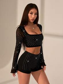 SHEIN PETITE 女士高腰水钻设计紧身短裤，新年女士连衣裙，亮片短裤，派对女士连衣裙，圣诞派对女士连衣裙，新年夜连衣裙，新年服装 - 黑色 - 查看 6