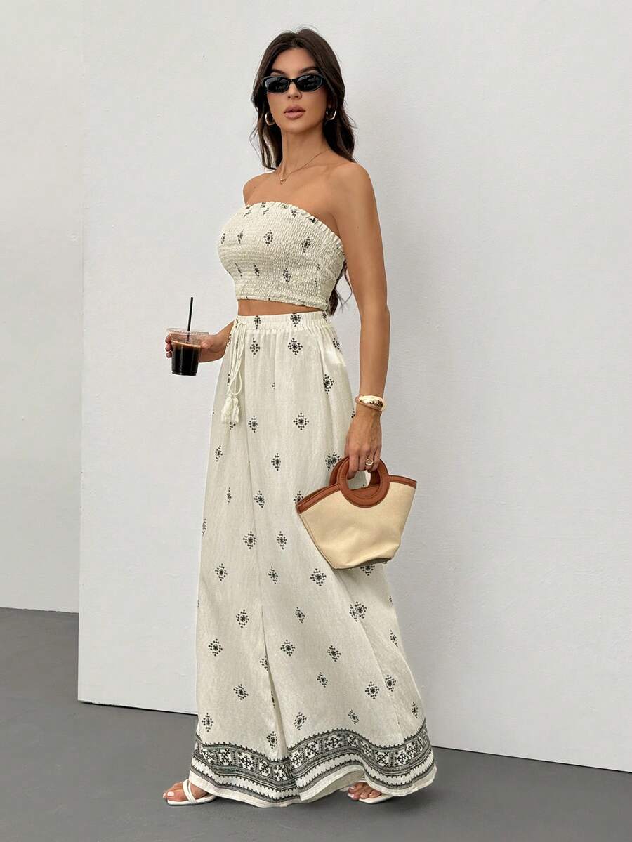 SHEIN Tall Women's Vacation Clashing Print Elegant Casual Stretchy Slimming Shirred Top Wide Leg Pants Set Tube Top And Pants Set Women Summer Clothes Women Two Pieces Outfits Vacation Outfits Woman Vacation Two Pieces Set Boho Women Clothing Flower Bohemian Vacation Outfits Woman Skirt Set Two Piece Outfits Women Maxi Skirt Two Piece Set Yamuna Cruise Summer 2 Piece Sets Woman Strapless Top And Skirt Set - Beige - View 1