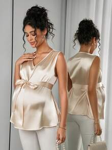 SHEIN Women's Elegant Satin V-Neck Sleeveless Top, Maternity Blouse - Gold - View 8