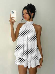 Aloruh Đầm ngắn cổ yếm nữ họa tiết chấm bi cổ điển, lãng mạn, thanh lịch và tối giản, thích hợp cho các buổi đi chơi, dạ hội, năm mới, hẹn hò, phong cách sang trọng. - Nhiều màu - Xem 4